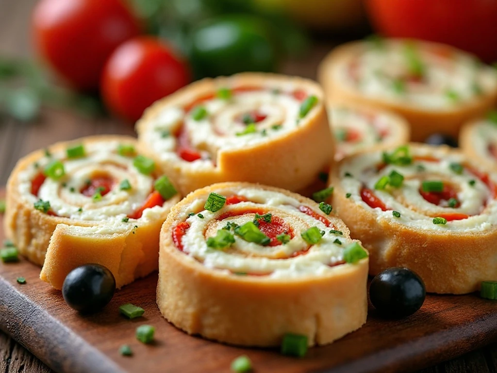 Cream cheese pinwheels served cut-side up on a party tray