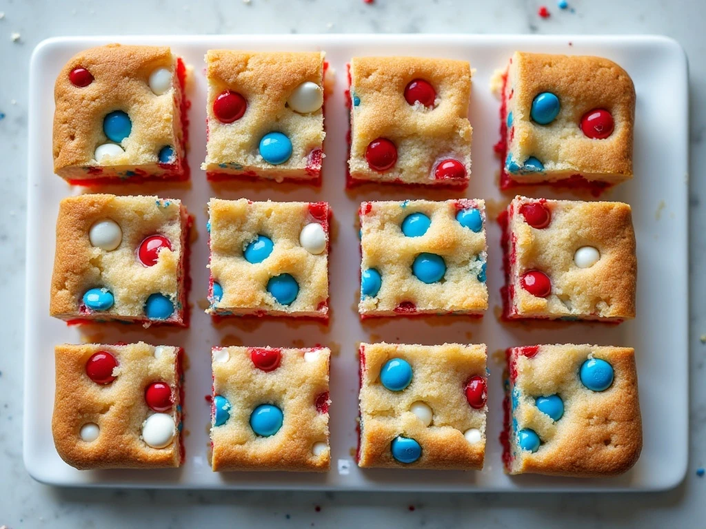 Red, white, and blue patriotic cookie bars arranged on a serving platter