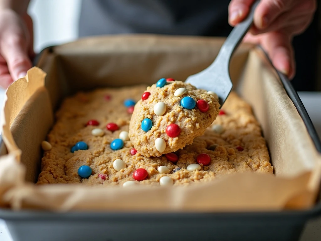 Folding patriotic candies and white chocolate chips into cookie bar dough