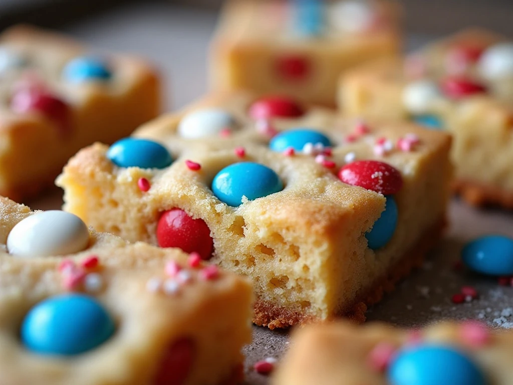 Close-up of colorful toppings on soft patriotic cookie bars
