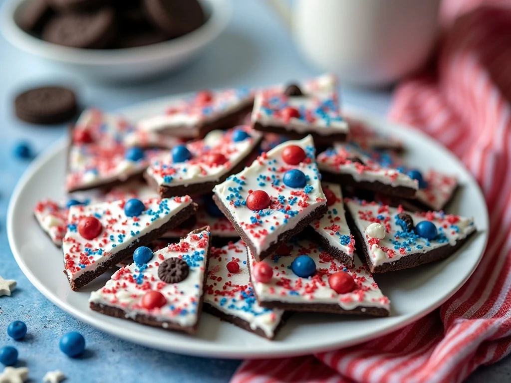 Festive patriotic Oreo bark arranged on a dessert platter