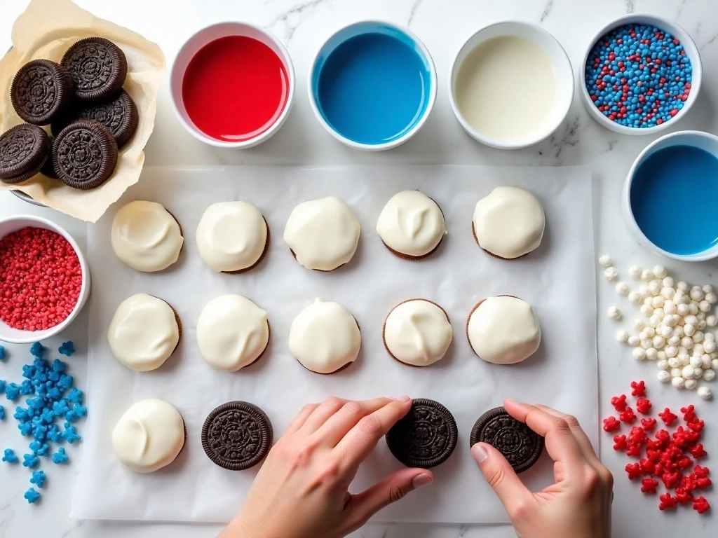 Ingredients for red white and blue Oreo bark