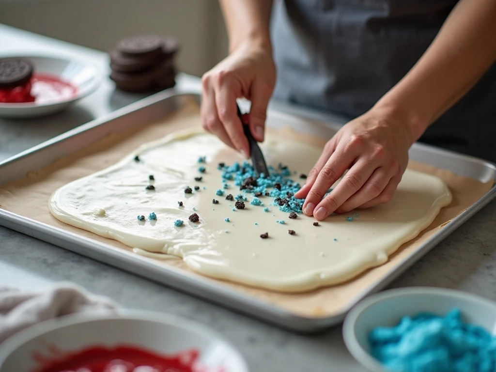 Making Oreo bark with white coating and chopped cookies