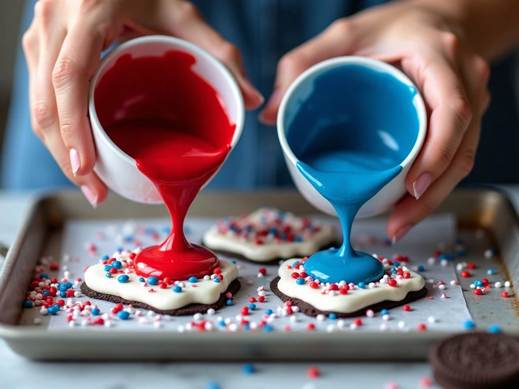 Drizzling red and blue candy melts over Oreo bark