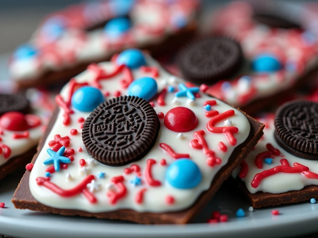 Close-up of patriotic sprinkles and candy on Oreo bark