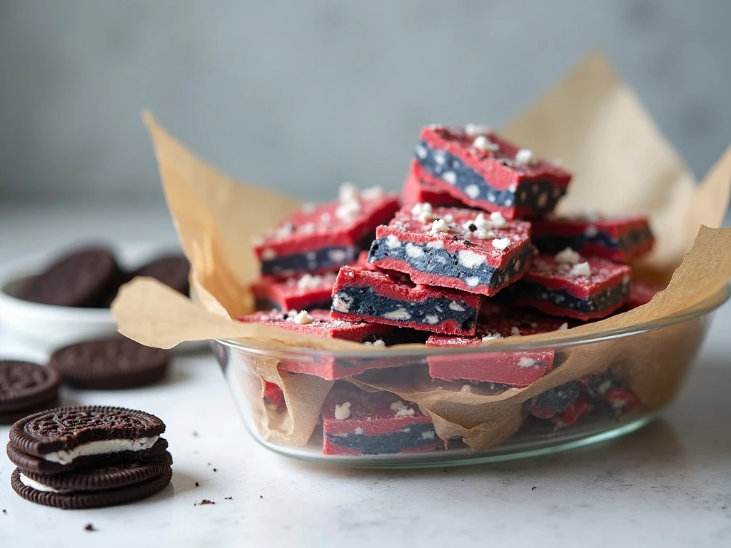 Patriotic Oreo bark stored in an airtight container