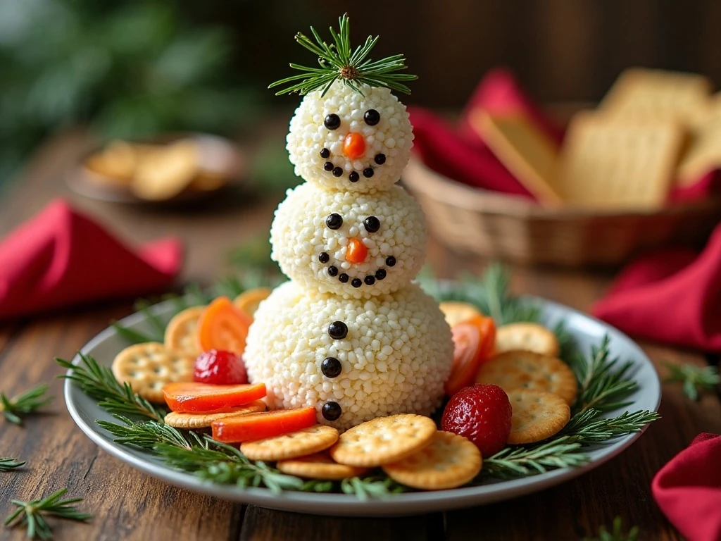 Festive snowman cheeseball surrounded by crackers and fresh vegetables