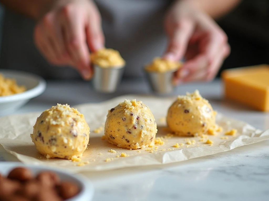 Shaping three cheese balls for a snowman appetizer