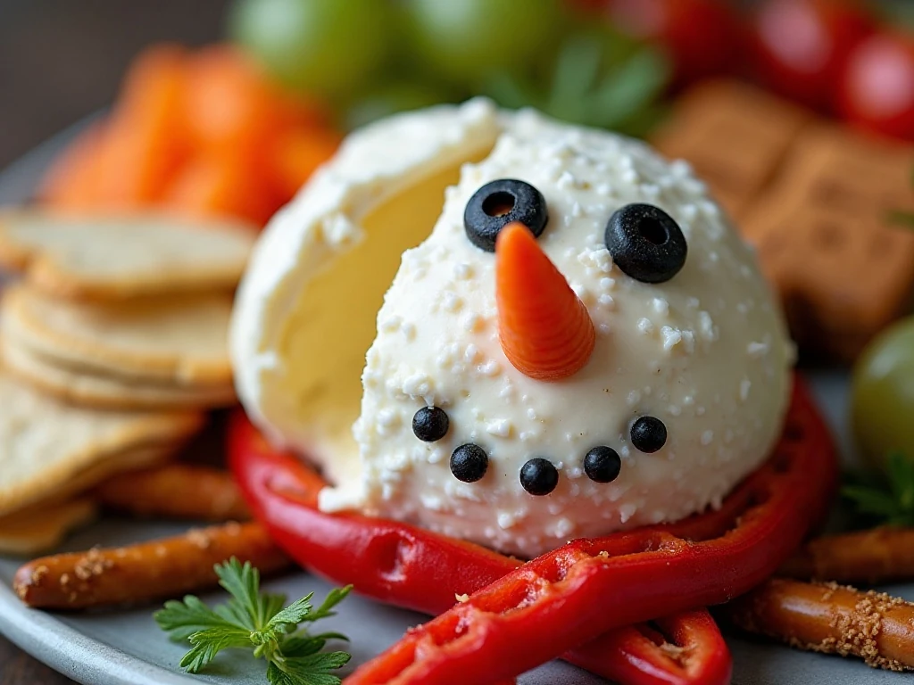 Close-up of snowman cheeseball decorations