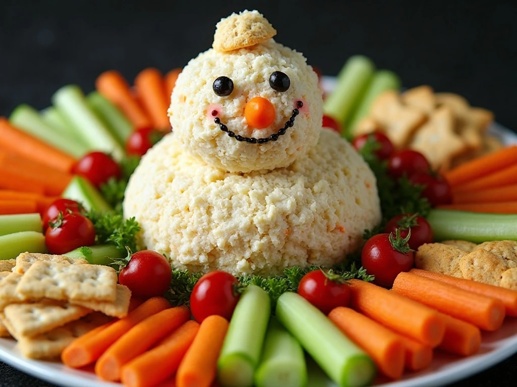 Snowman cheeseball served with crackers and vegetables