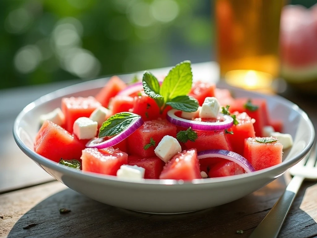 Refreshing watermelon feta salad served as a colorful summer side dish