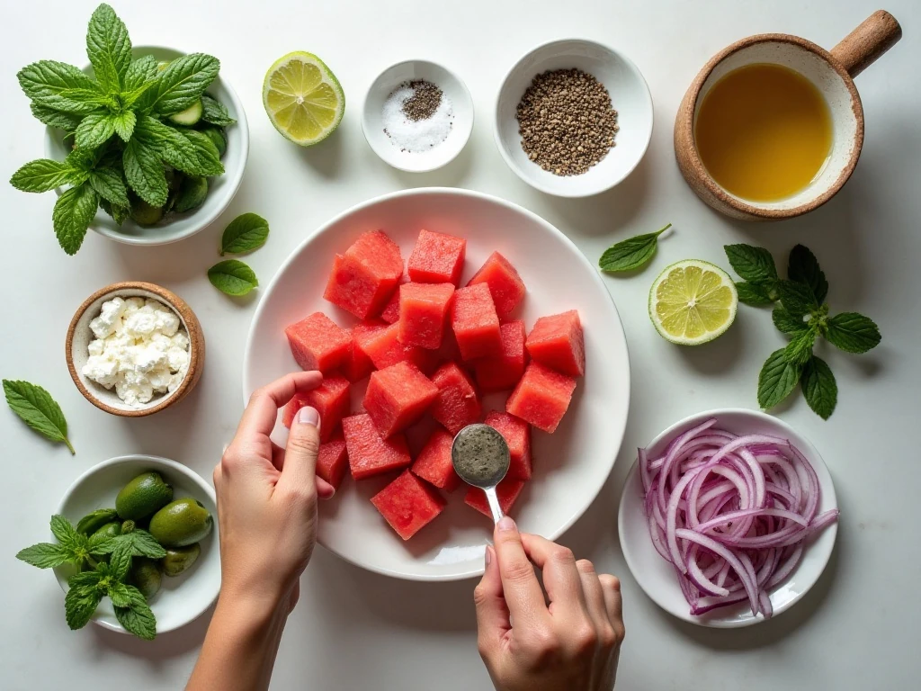Ingredients for an easy feta watermelon salad recipe