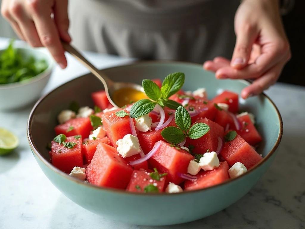 Gently tossing watermelon feta salad with lime dressing