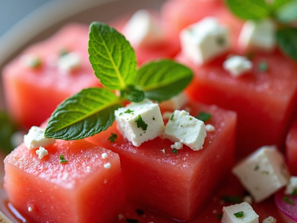 Close-up of mint and feta garnishing watermelon salad