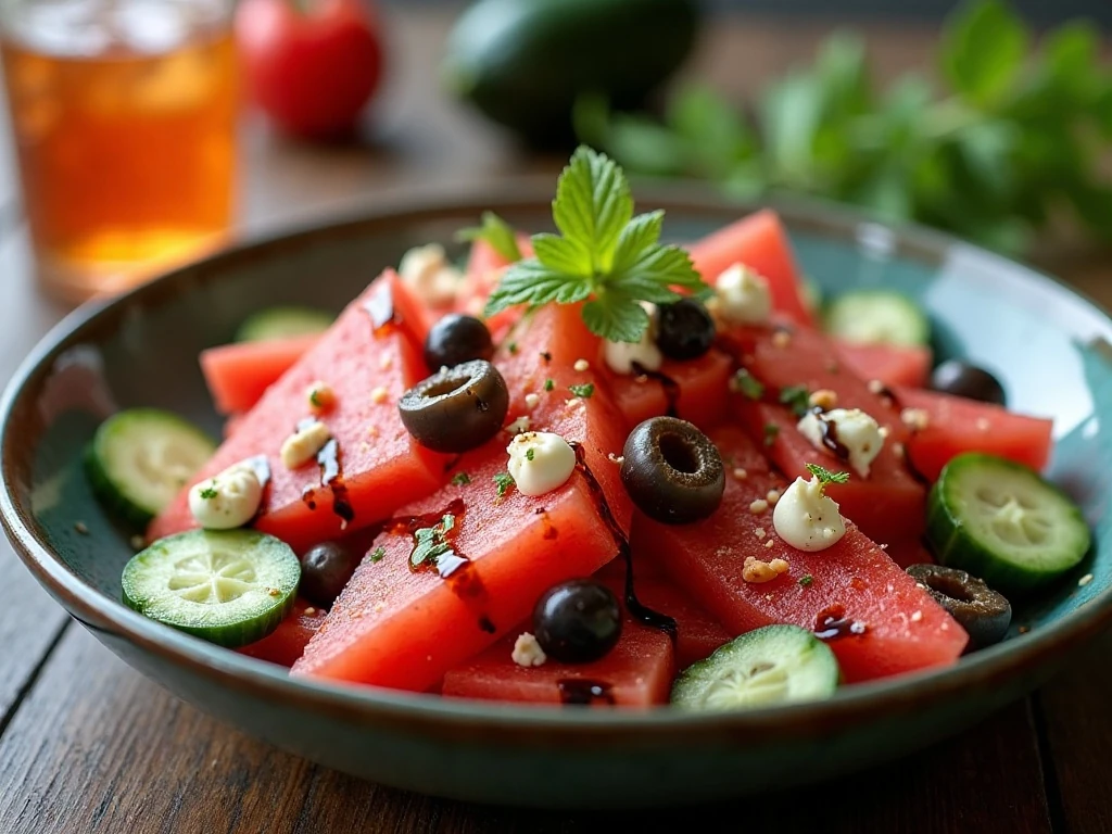 Watermelon feta salad with cucumber Kalamata olives and balsamic glaze