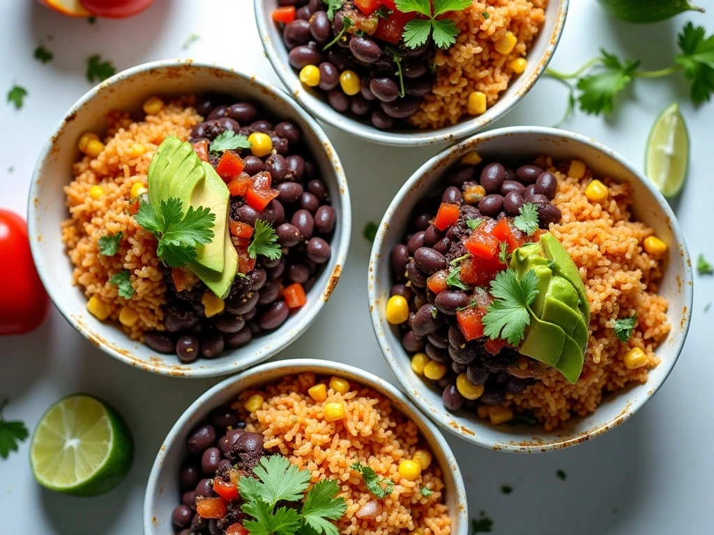 Four colorful Easy Fiesta Black Bean Bowls ready to serve