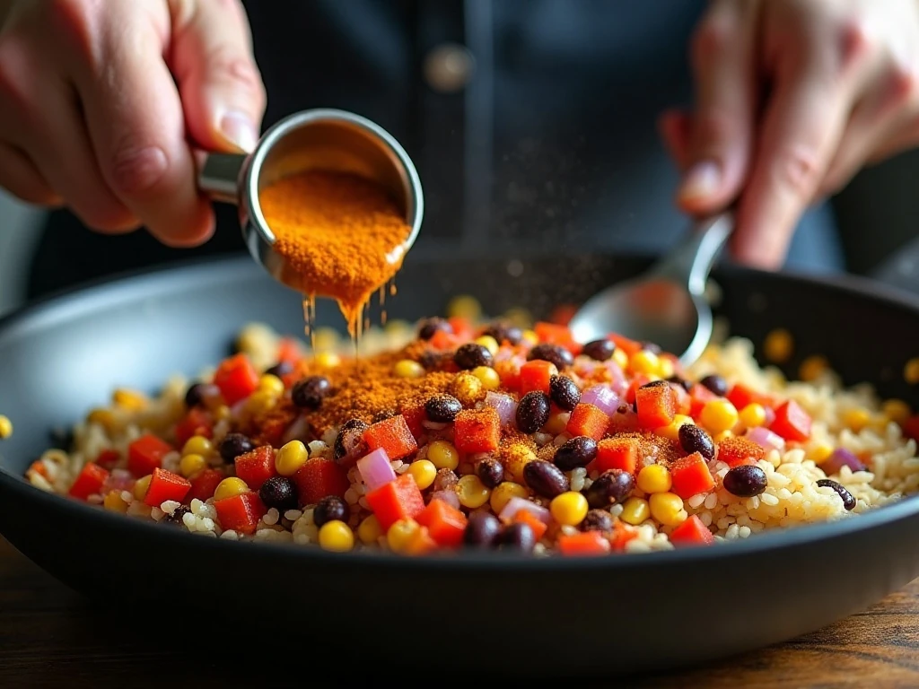 Cooking seasoned black beans, corn, peppers, and onions for the bowl