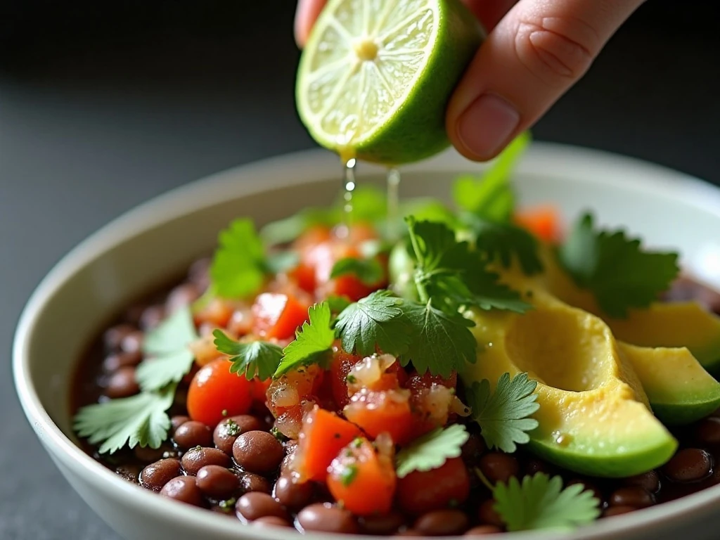 Fresh lime and cilantro finishing a black bean bowl