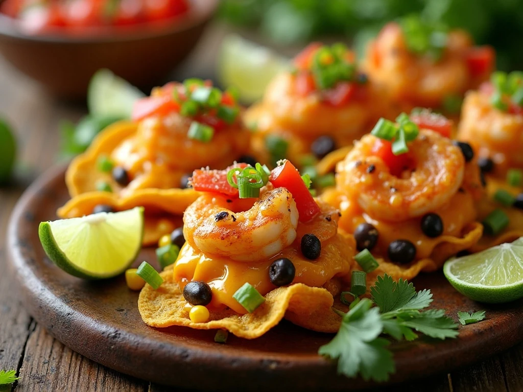 Fiesta shrimp nacho bites arranged on a platter for easy entertaining