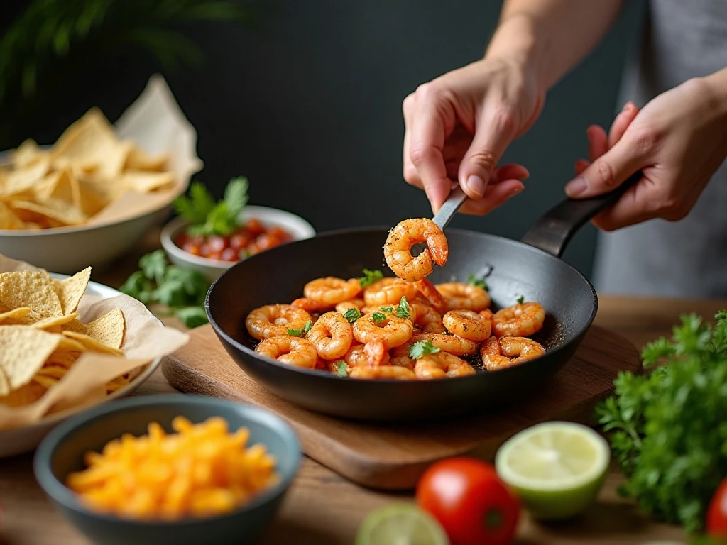 Cooking seasoned shrimp and preparing nacho bite toppings