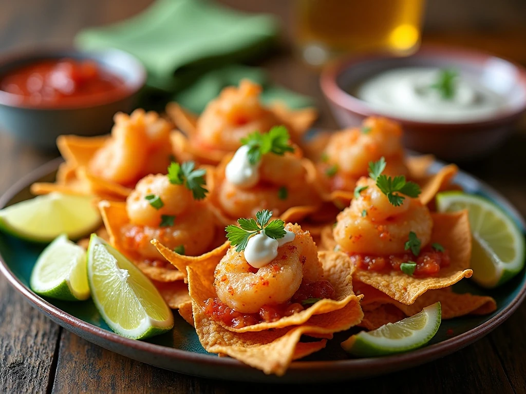 Shrimp nacho bites served with lime, salsa, and sour cream
