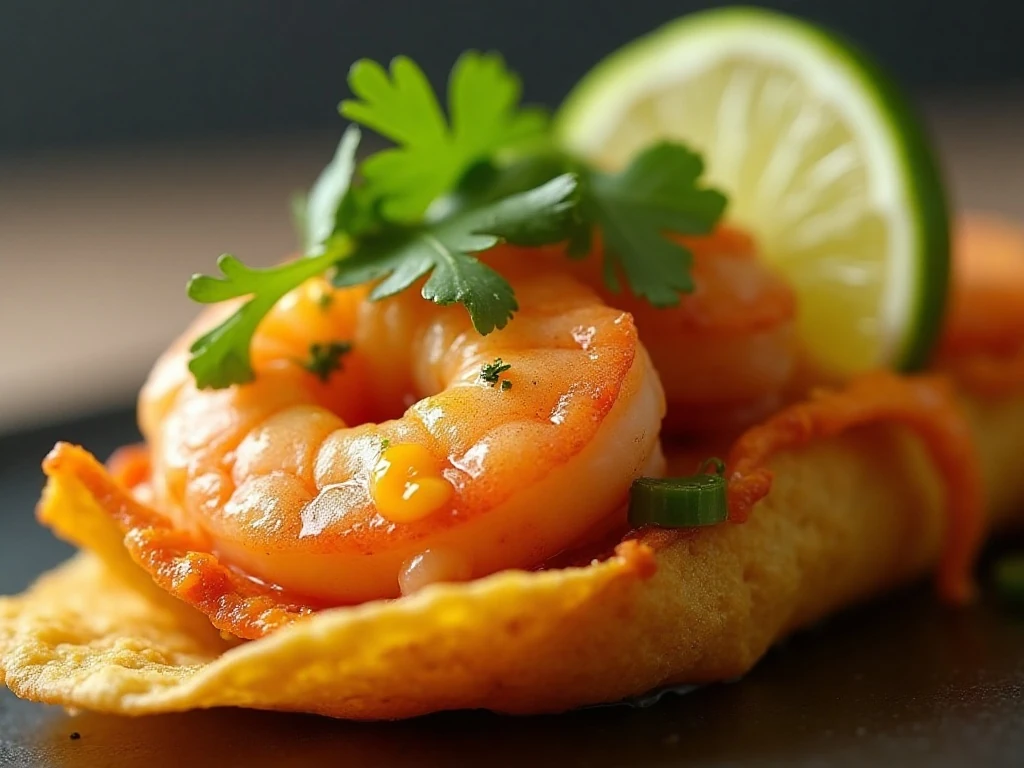 Close-up of a garnished fiesta shrimp nacho bite