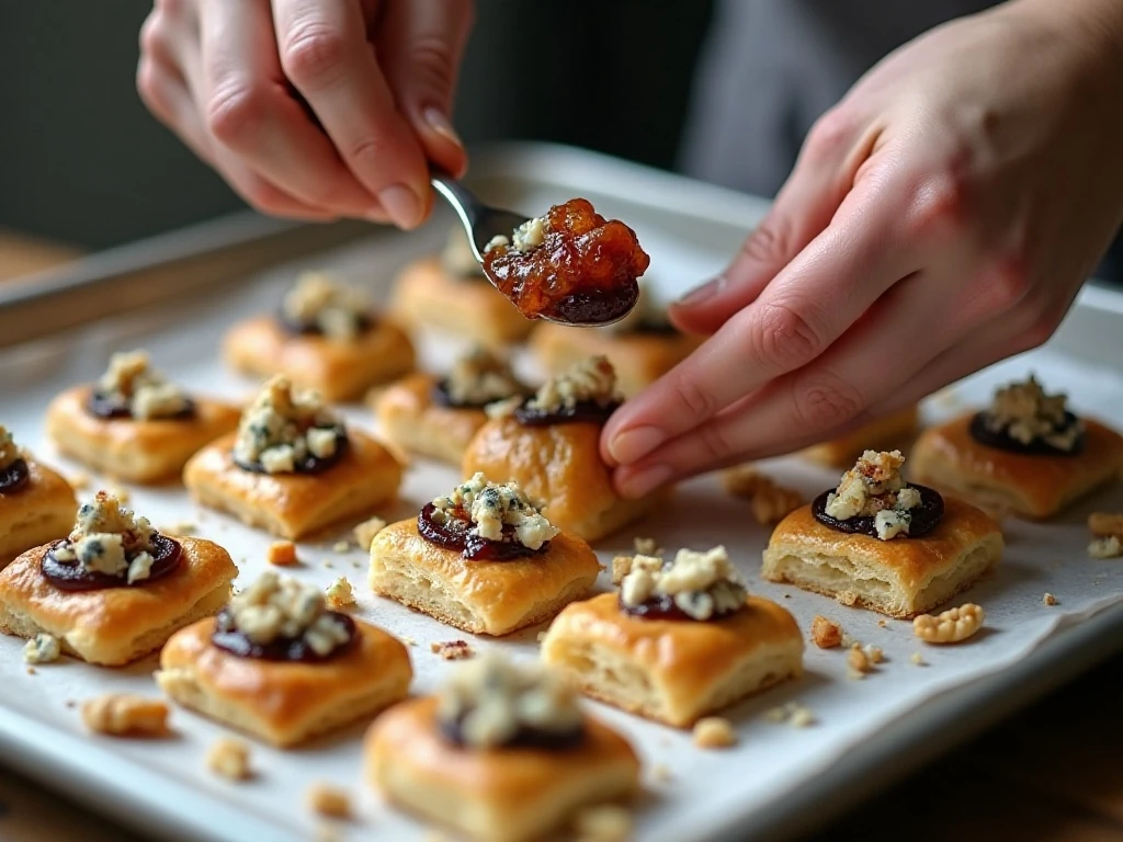 Filling puff pastry squares with fig preserves blue cheese and nuts