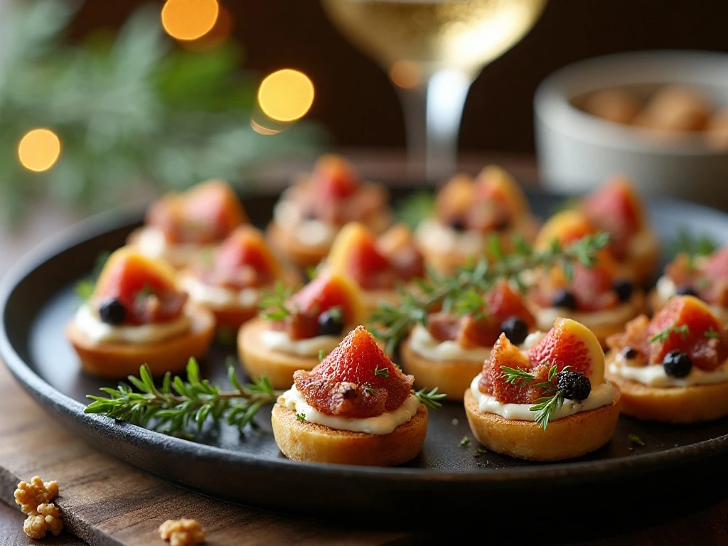 Fig and blue cheese bites served with thyme for a party