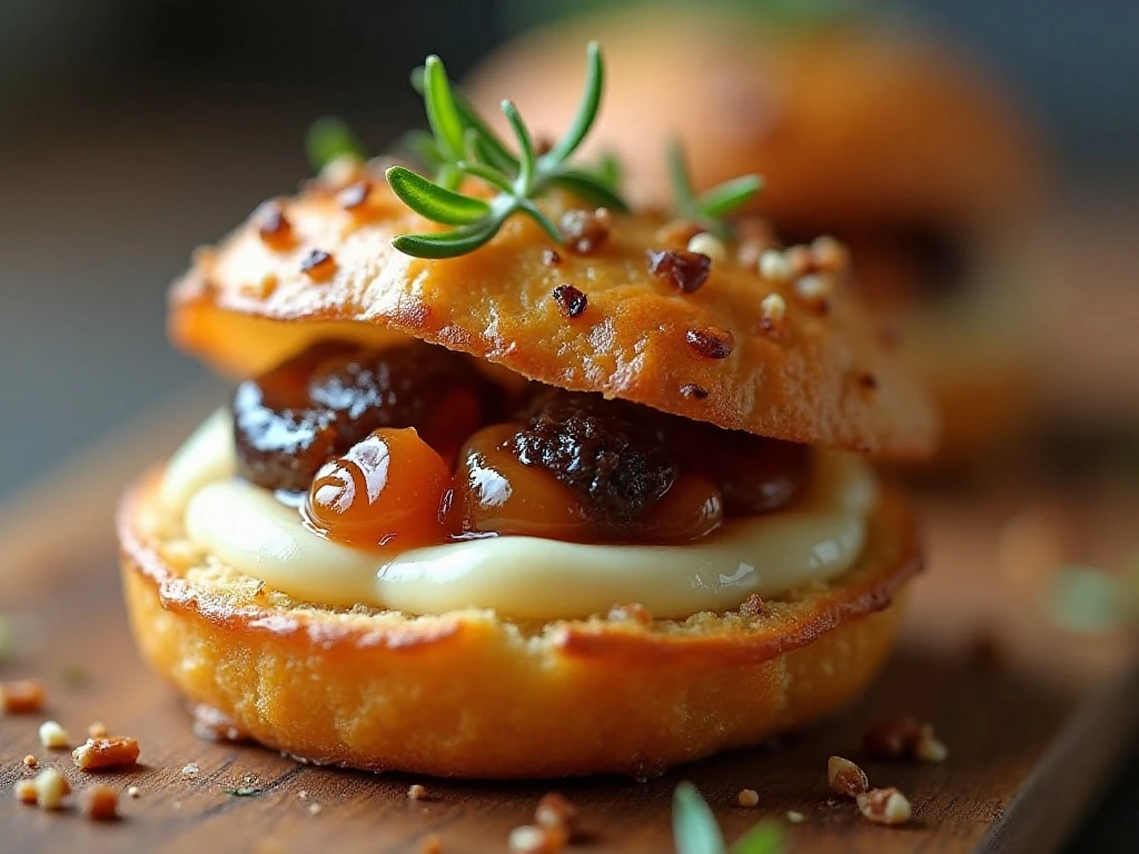 Close-up of the flaky fig and blue cheese pastry filling