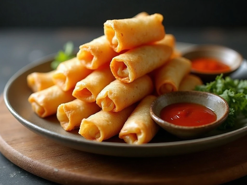 Crispy homemade Filipino lumpia Shanghai served with dipping sauces