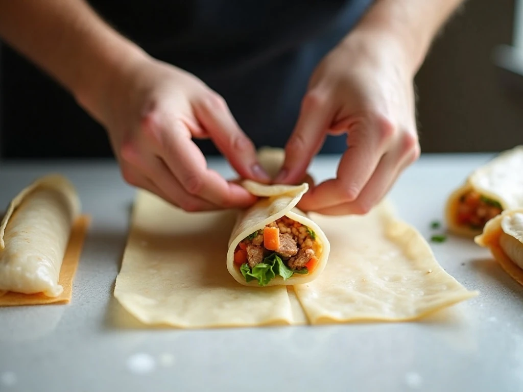 Rolling Filipino lumpia around pork and vegetable filling