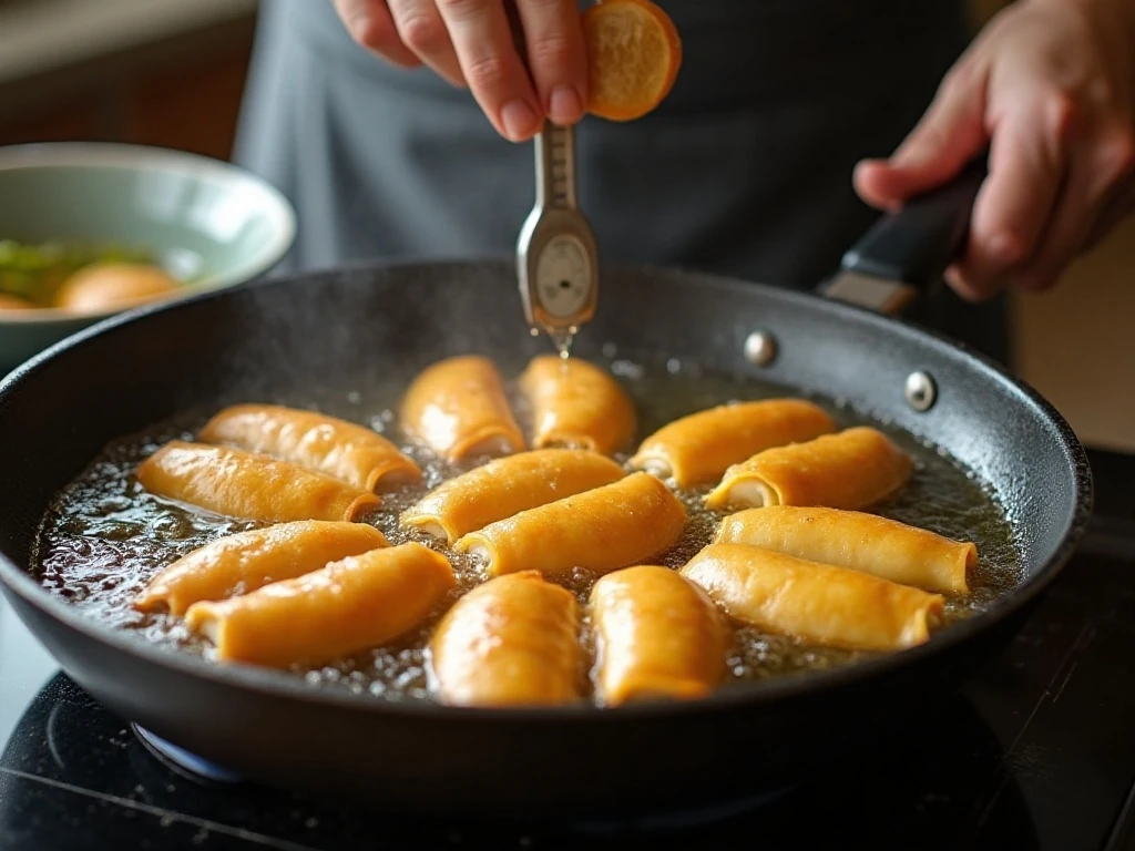 Lumpia frying until golden and crisp in hot oil