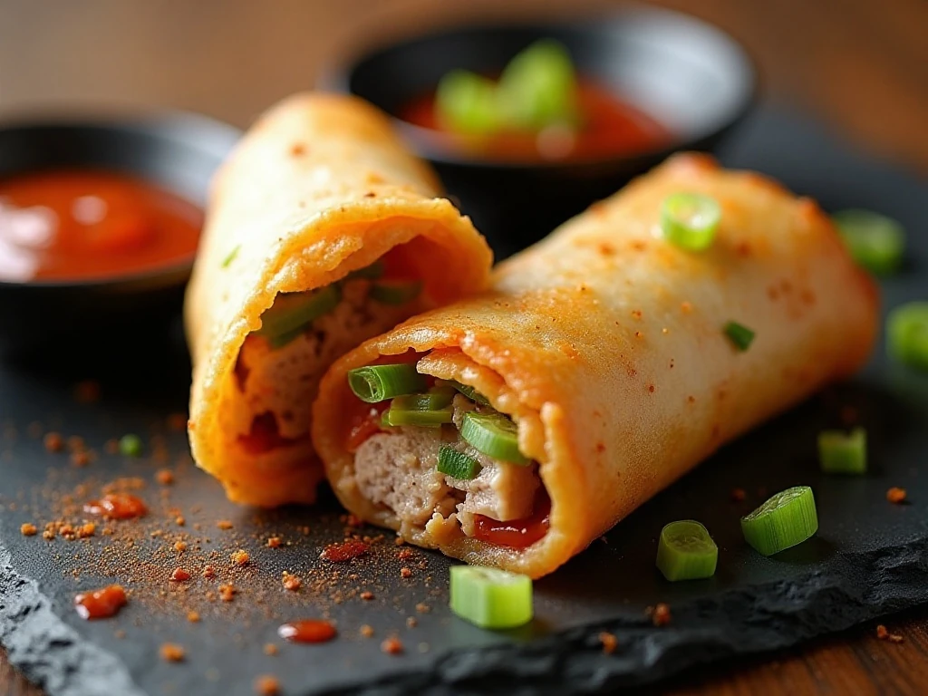 Crispy lumpia with Filipino dipping sauces and garnish