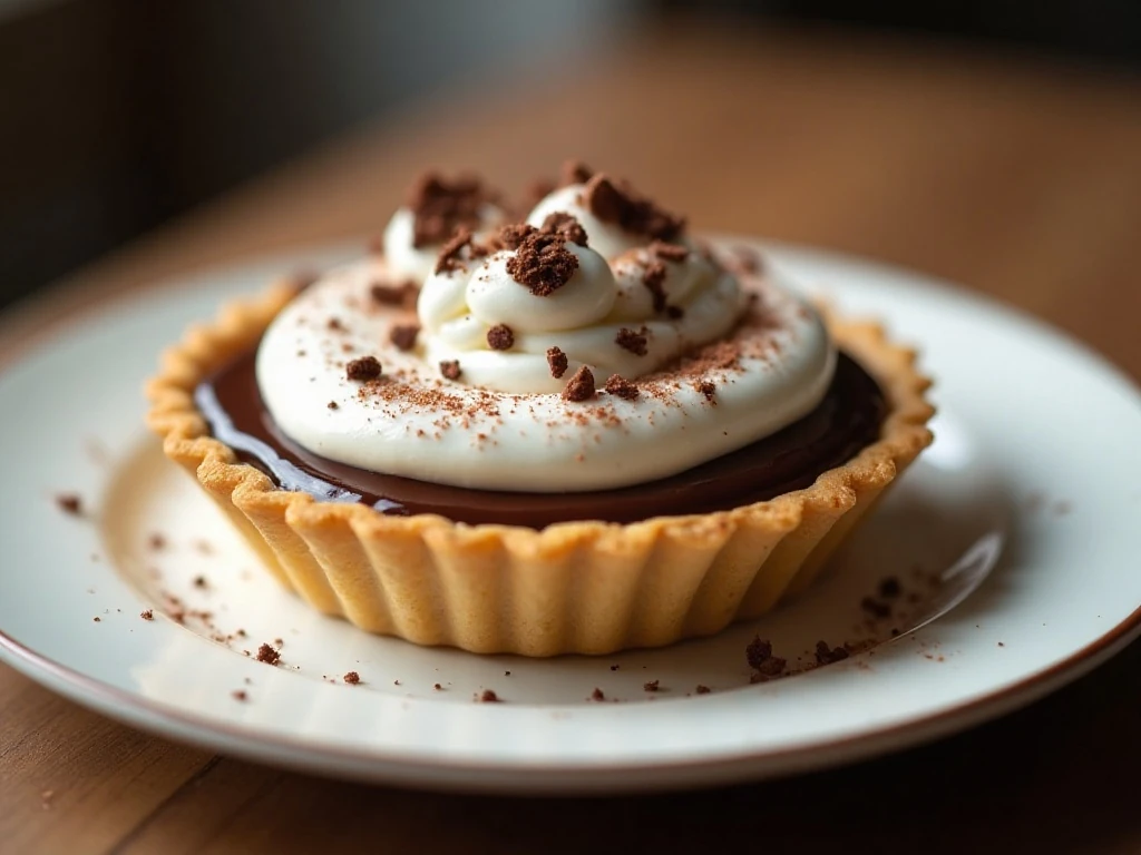 Chocolate cream pie with whipped cream in a crisp fillo crust