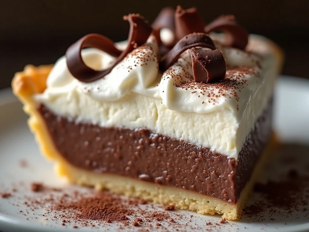 Close-up slice of chocolate cream pie showing flaky fillo layers