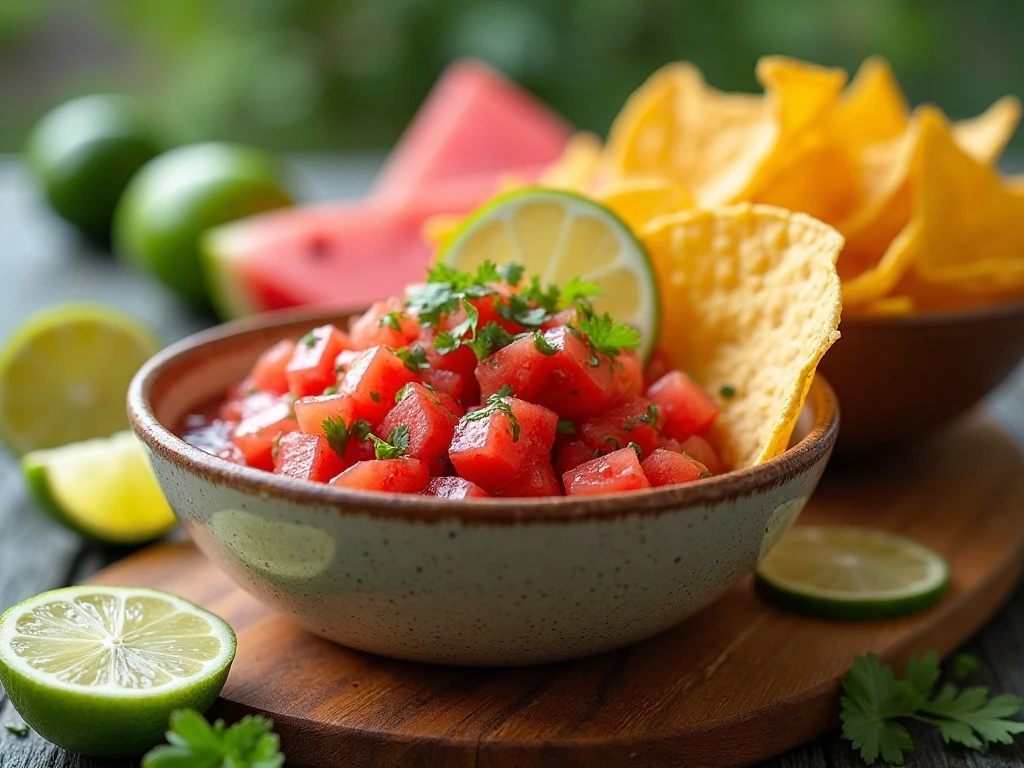Colorful fire and ice watermelon salsa served with tortilla chips