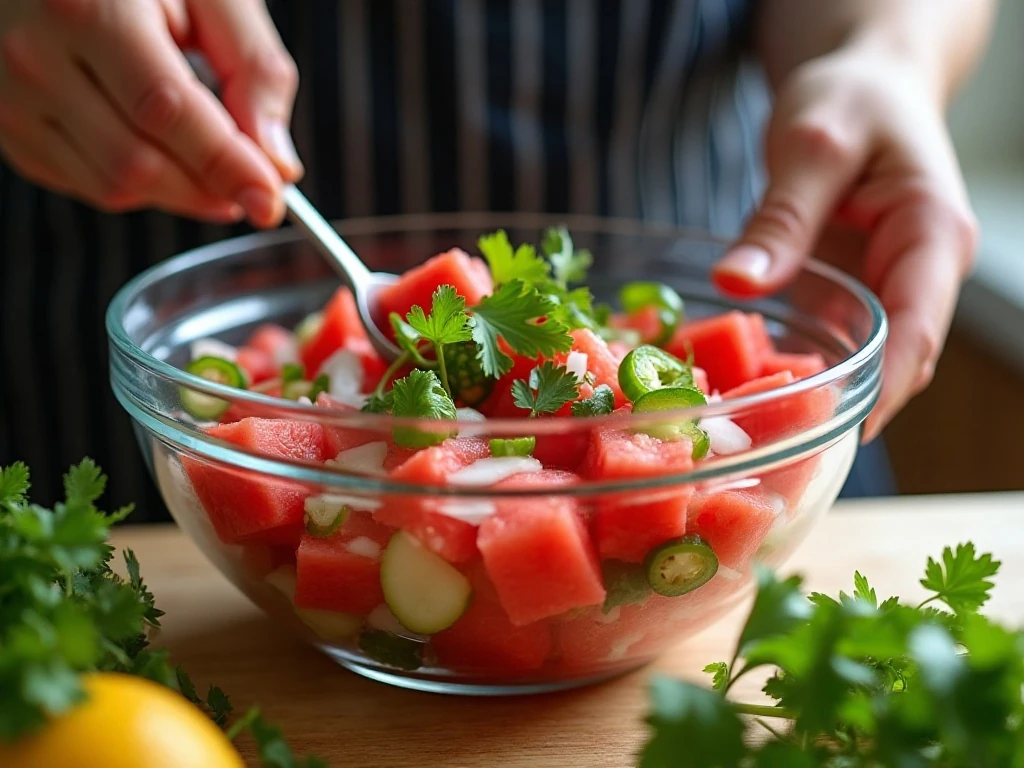 Fresh watermelon salsa ingredients being gently mixed