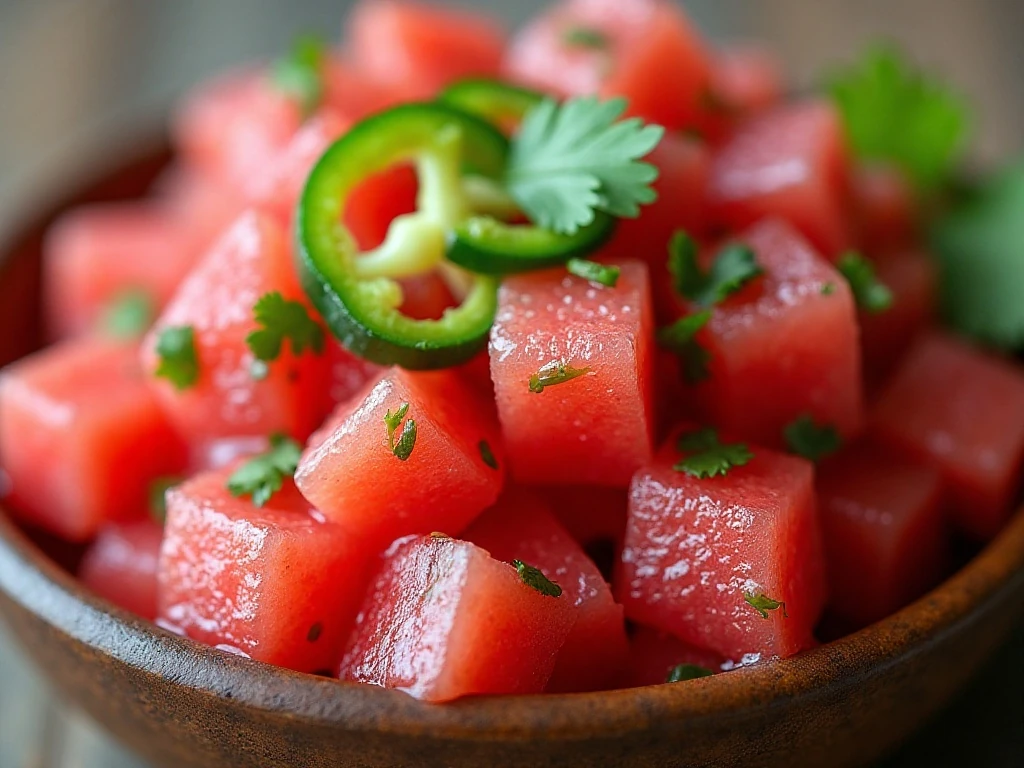 Close-up of crisp watermelon salsa ingredients and cilantro