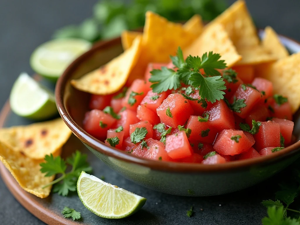 Watermelon salsa served with tortilla chips and grilled fish