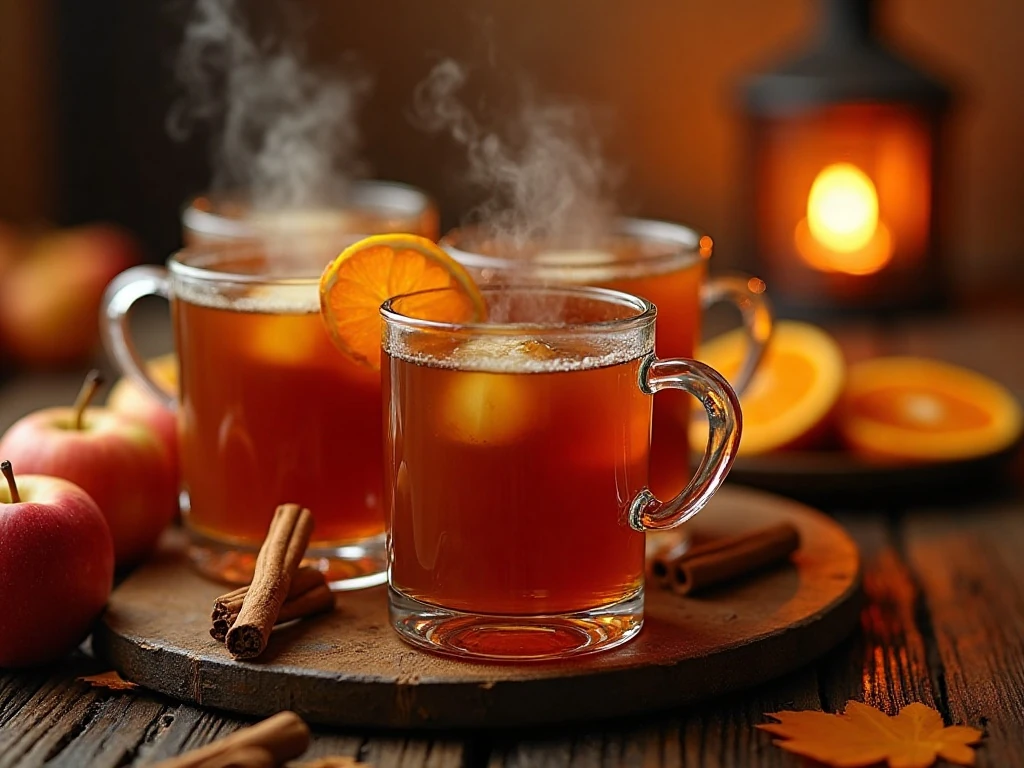 Steaming mugs of Fireball apple cider surrounded by autumn fruit and cinnamon
