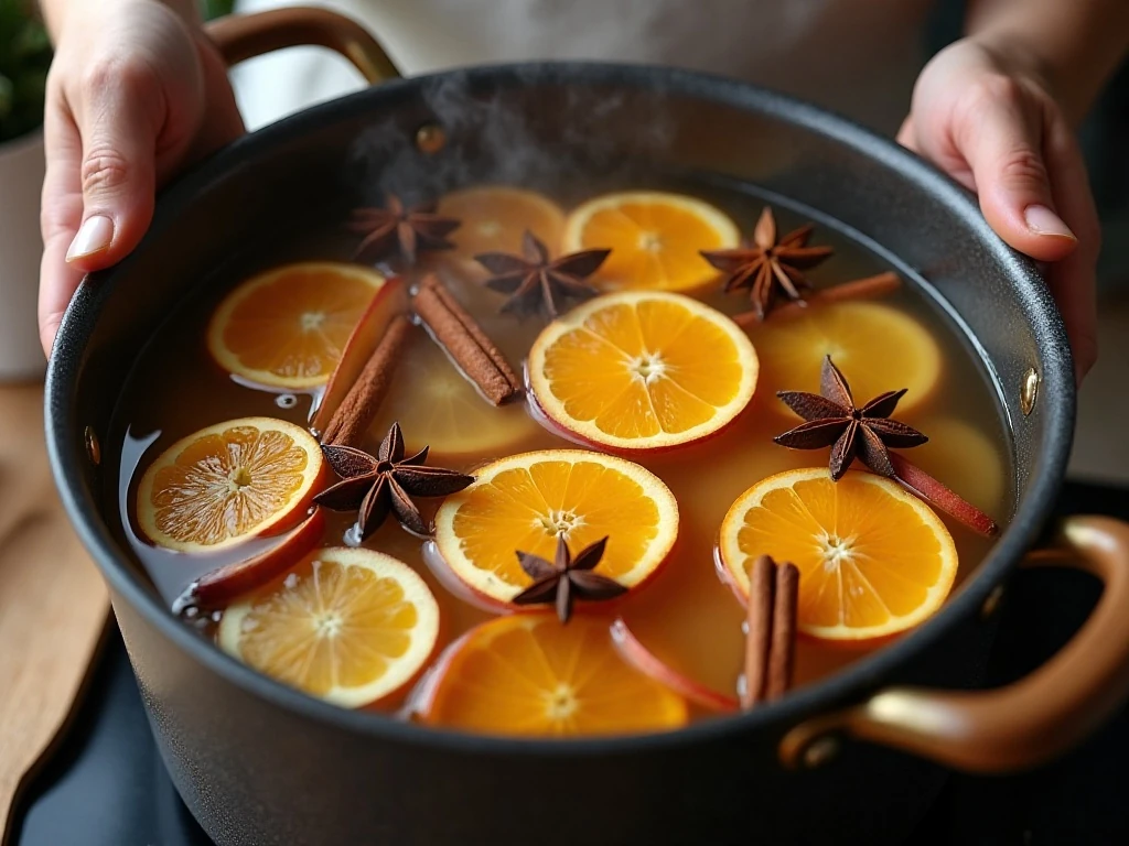 Apple cider warming with cinnamon, citrus, and whole spices