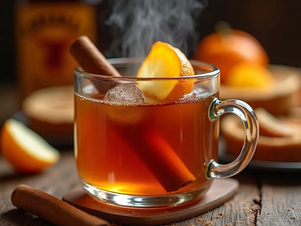 Close-up of Fireball apple cider with cinnamon and fruit garnish
