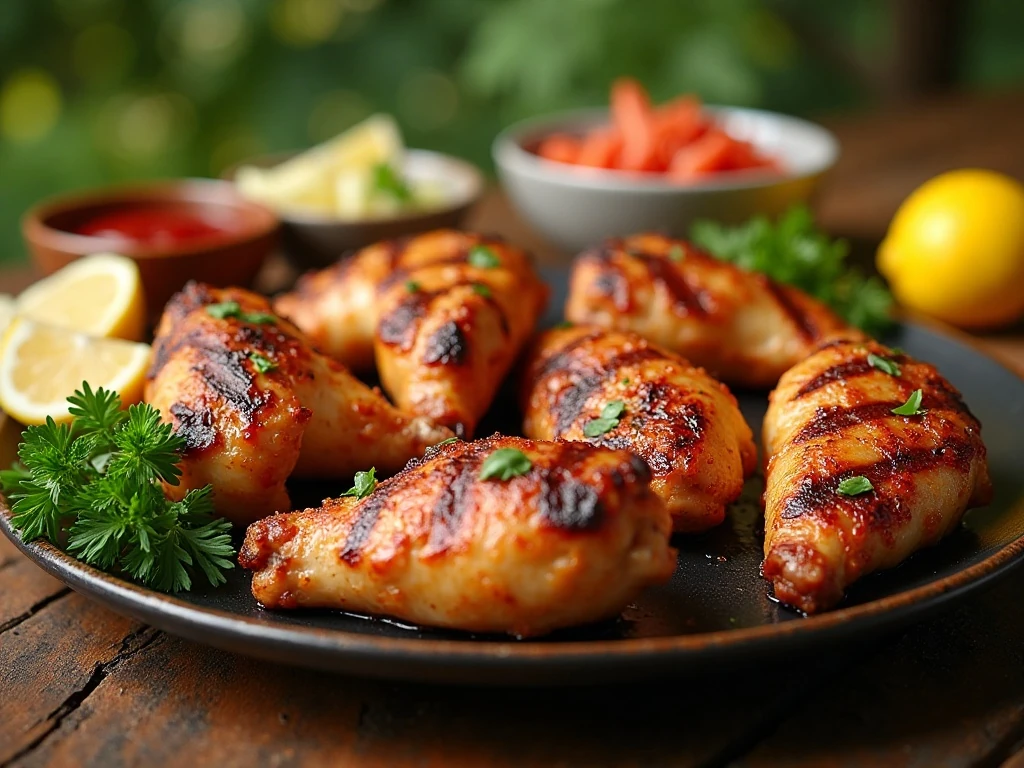Platter of Famous Firemen's Grilled Chicken with browned skin and picnic sides
