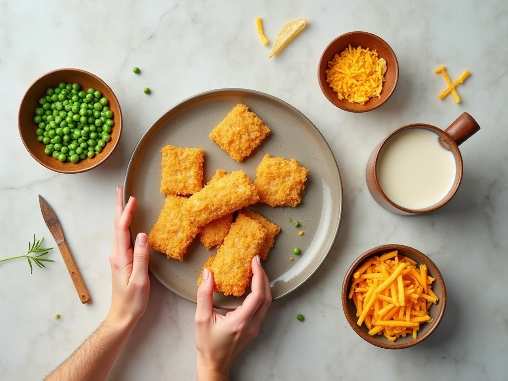 Ingredients for easy fish stick casserole arranged on a countertop