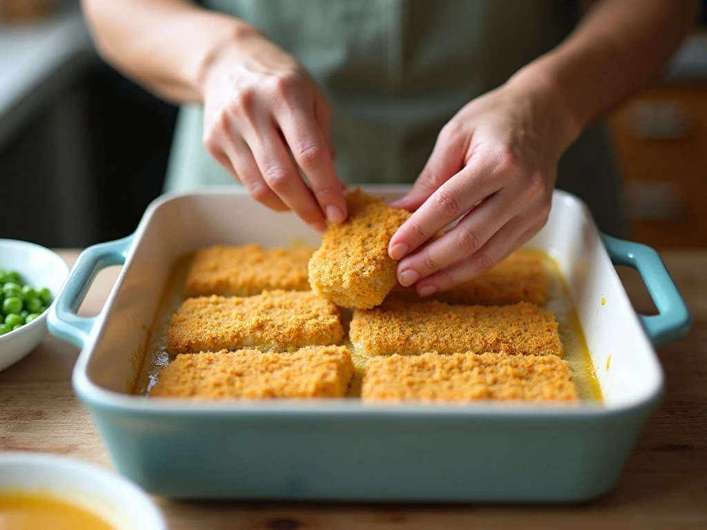 Assembling frozen fish sticks, peas, and creamy sauce in a casserole dish