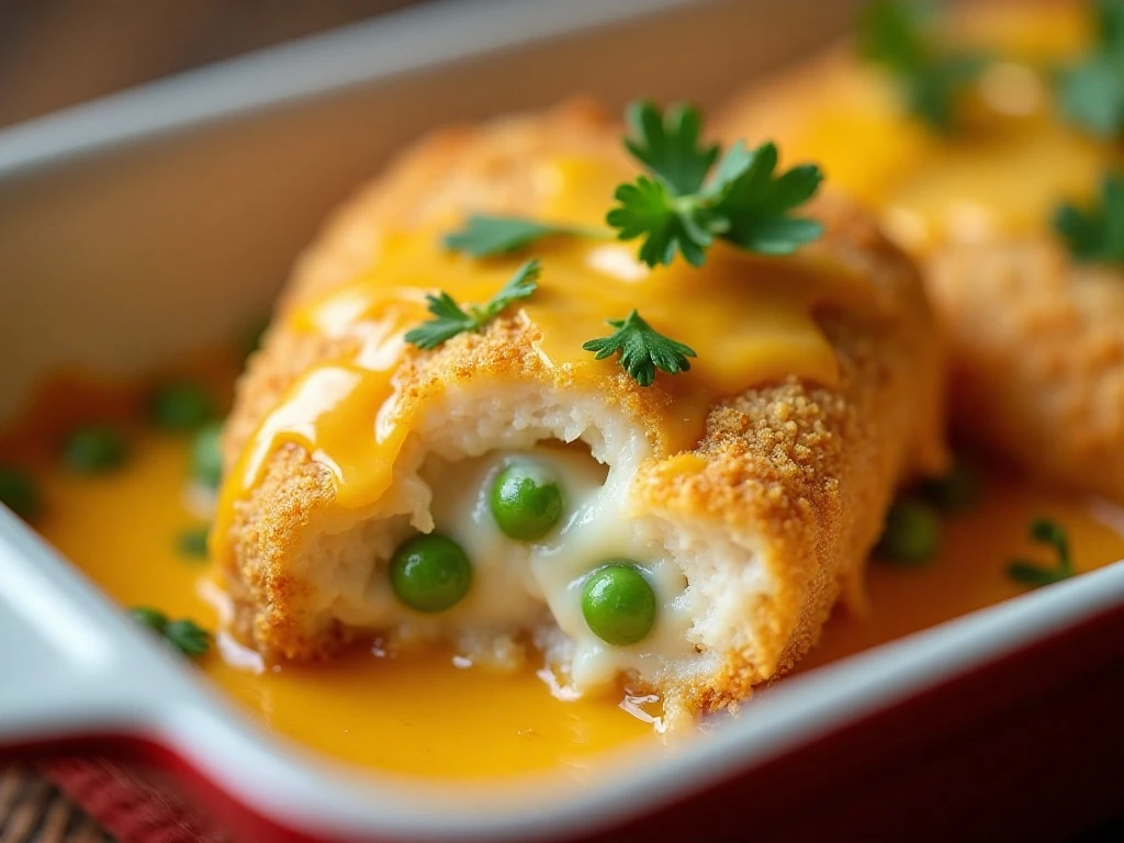 Close-up of crispy topping and melted cheese on fish stick casserole