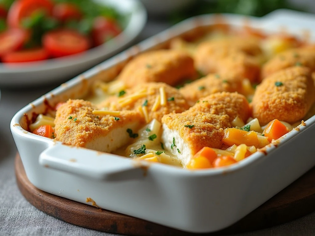 Serving of creamy fish sticks casserole with melted cheddar and vegetables