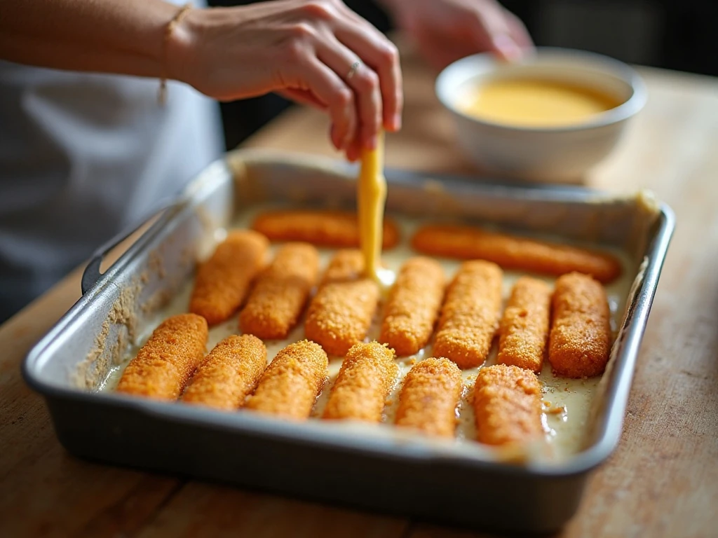 Arranging frozen fish sticks for casserole