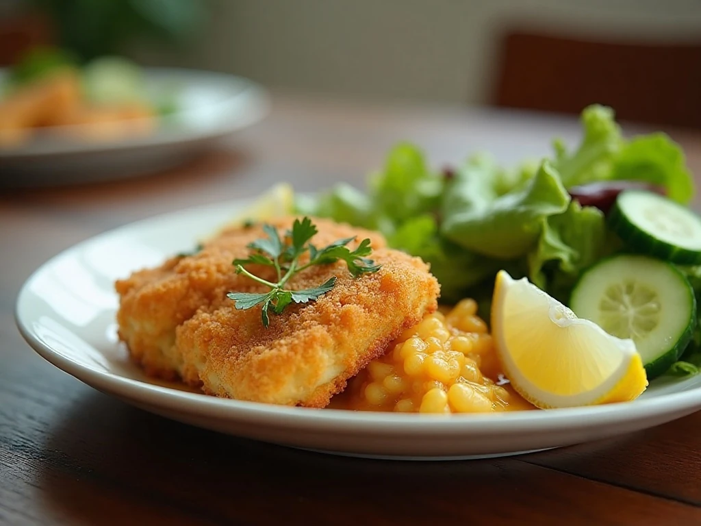 Fish sticks casserole served with salad and lemon