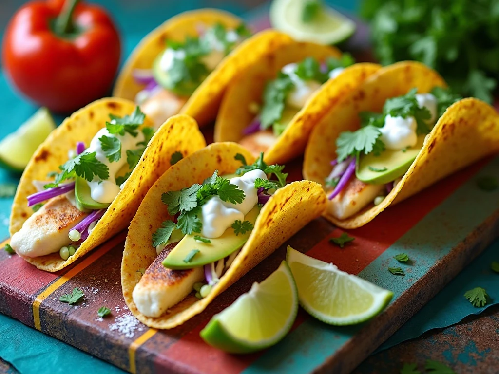Finished easy tilapia fish tacos with cabbage, avocado, cilantro, and lime